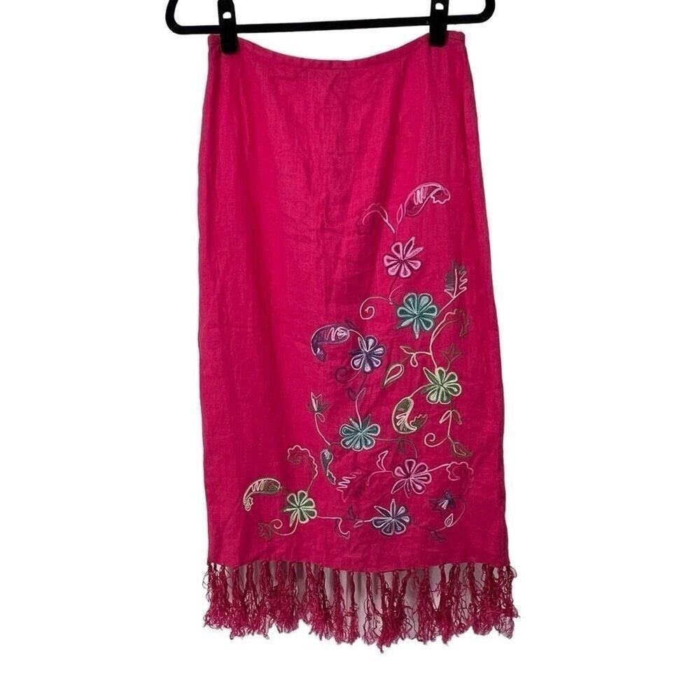 Muse Hot Pink Floral Embroidered Tassel Hem Linen Midi Skirt Sz 8‎ Womens